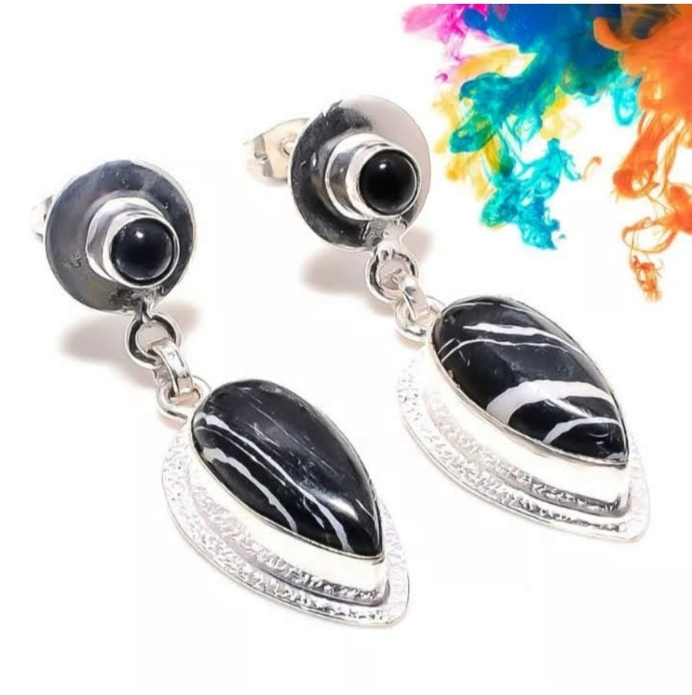 New Black Onyx & Zebra Jasper Silver Earrings.